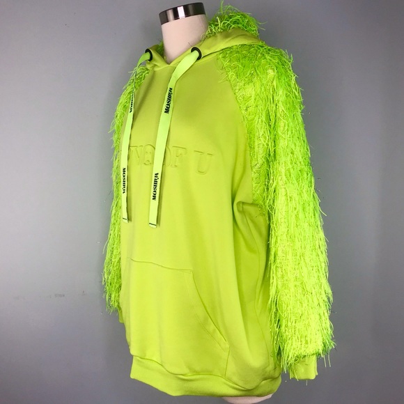 MOSHIQA Neon Green Feathers Hoodie Size M Sweatshirt Designer Trendy Celebrity - Picture 7 of 16